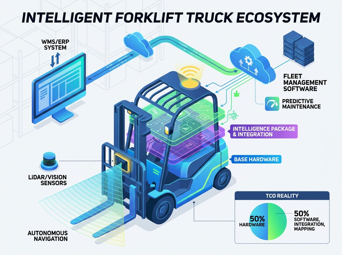 Intelligent forklift truck scanning warehouse aisles