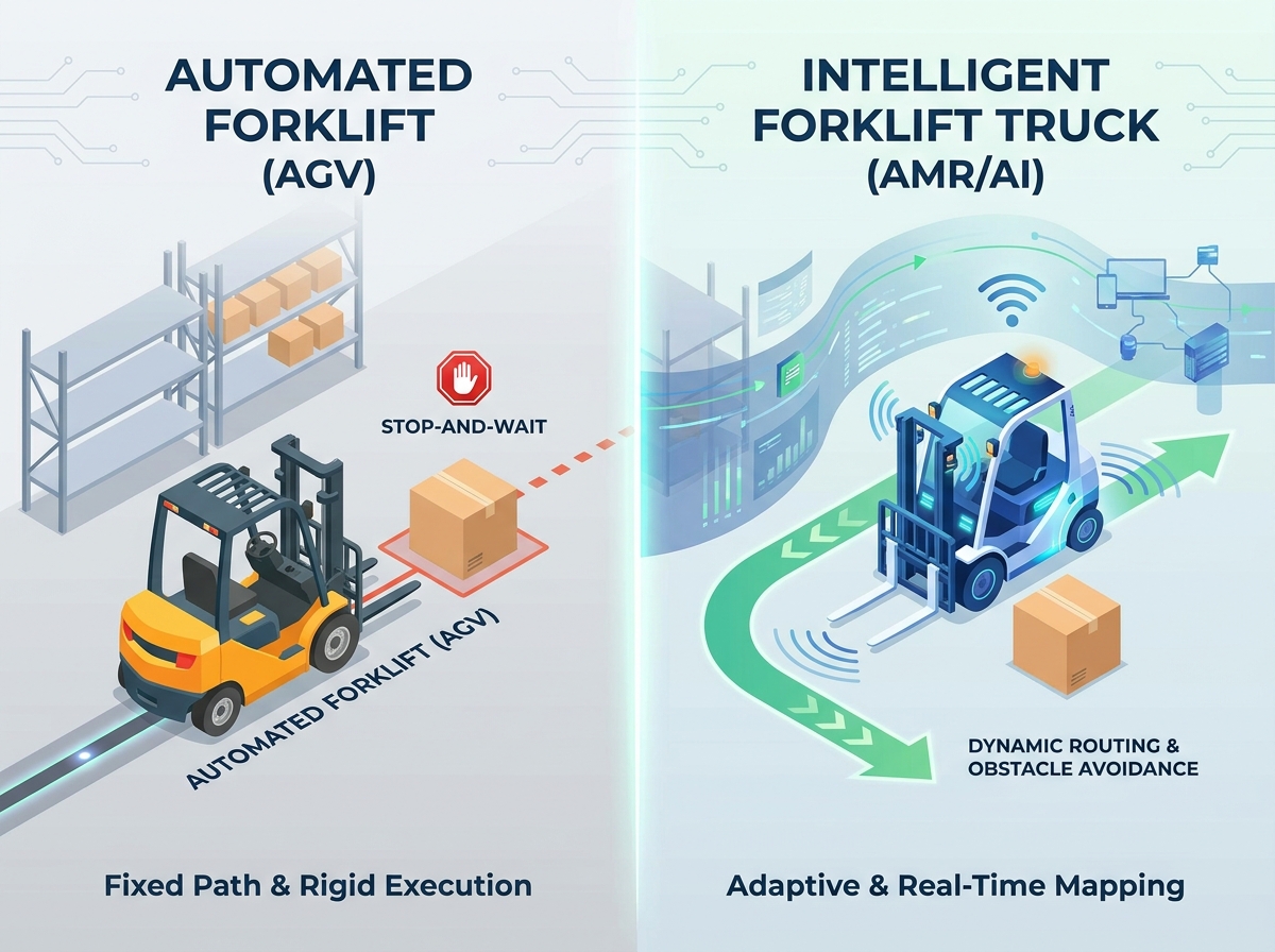 Intelligent forklift truck navigating a dynamic warehouse environment safely