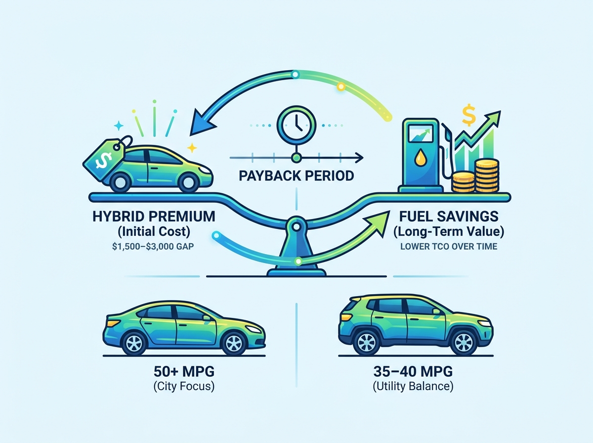 A modern hybrid car driving on a scenic highway