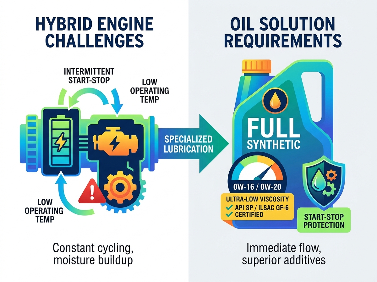 Mechanic pouring ultra-low viscosity synthetic oil into a hybrid vehicle engine