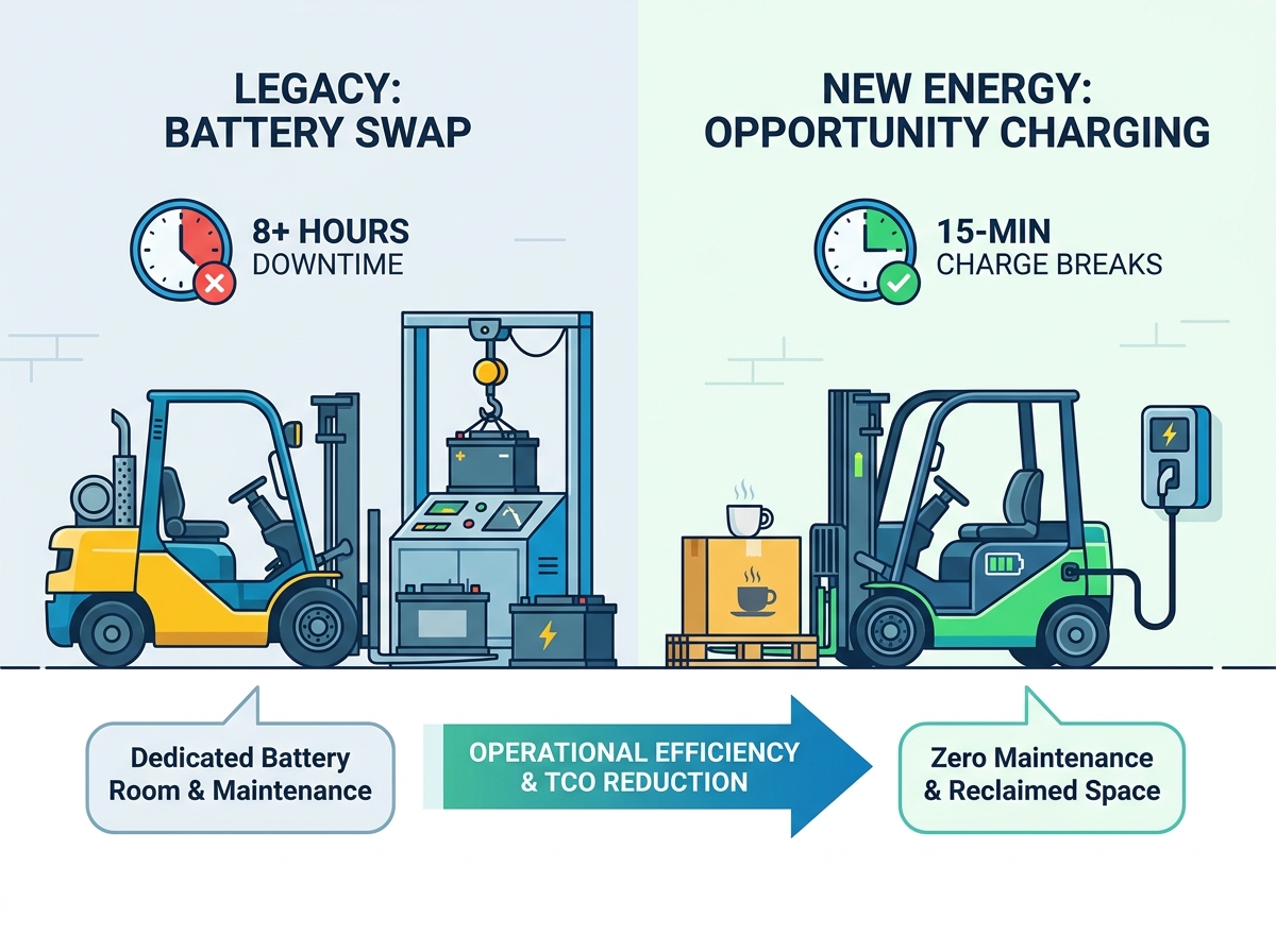 New energy forklift truck operating in a high-density modern warehouse environment
