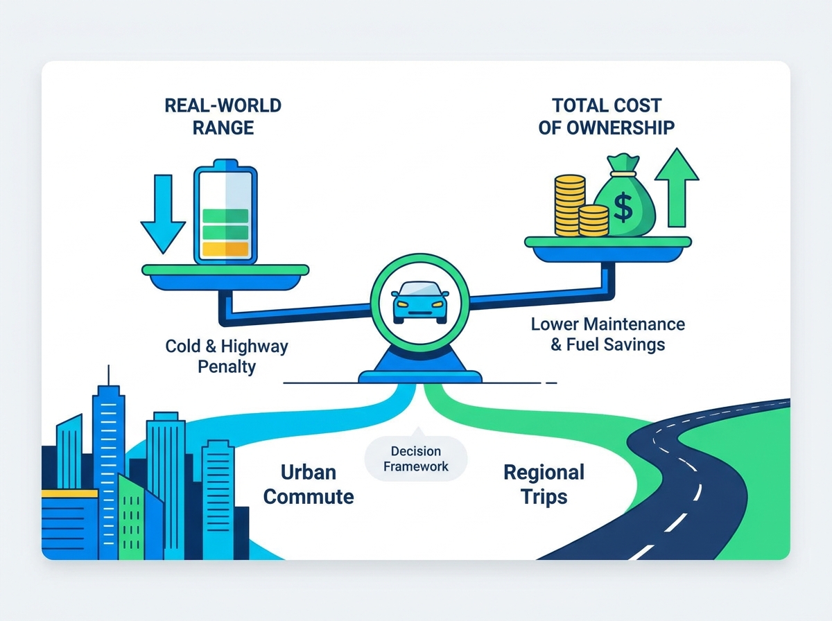 Mini electric car driving through a modern urban city environment